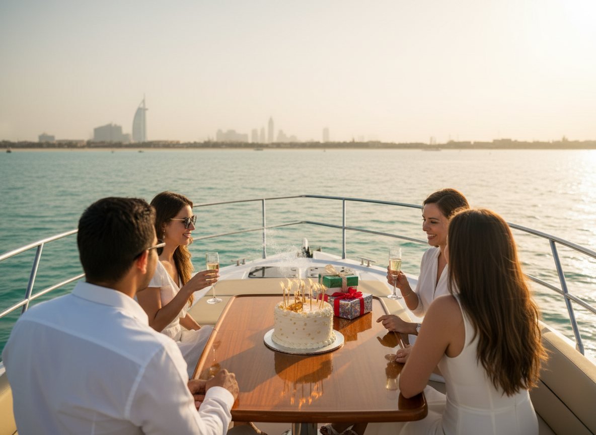 Birthday cake with glowing candles set on the yacht aft deck table